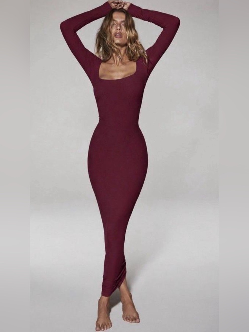 SKIMS Soft Lounge Long Sleeve Ribbed Maxi Dress,Color-Bordeaux,Size-Small